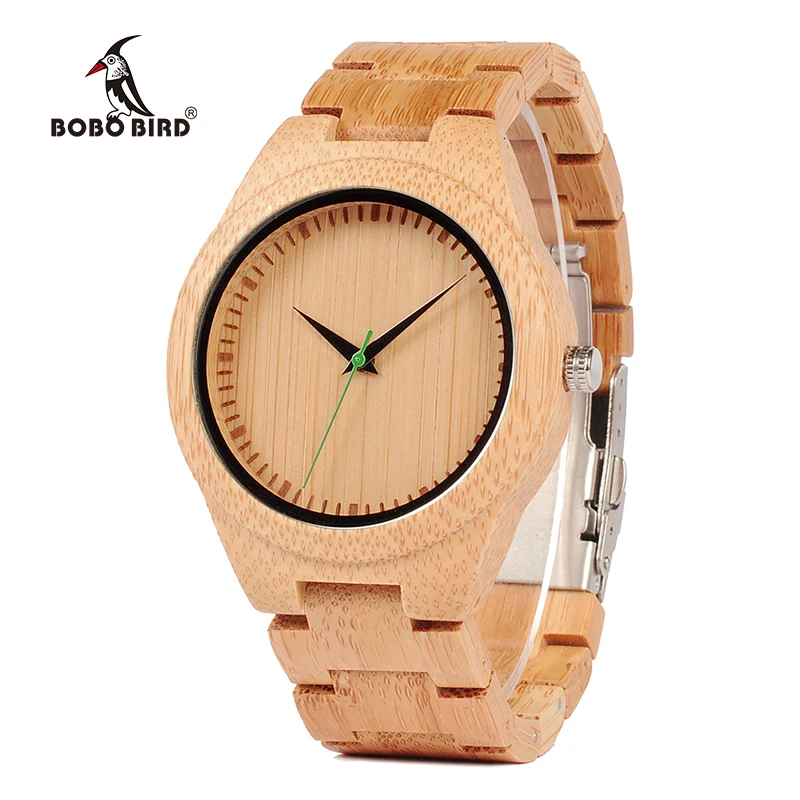 BOBO BIRD V-G26 Basic Mens Bamboo Wood Wristwatch Bamboo Face Green Second Quartz Watch with Bamboo Strap saat erkekler