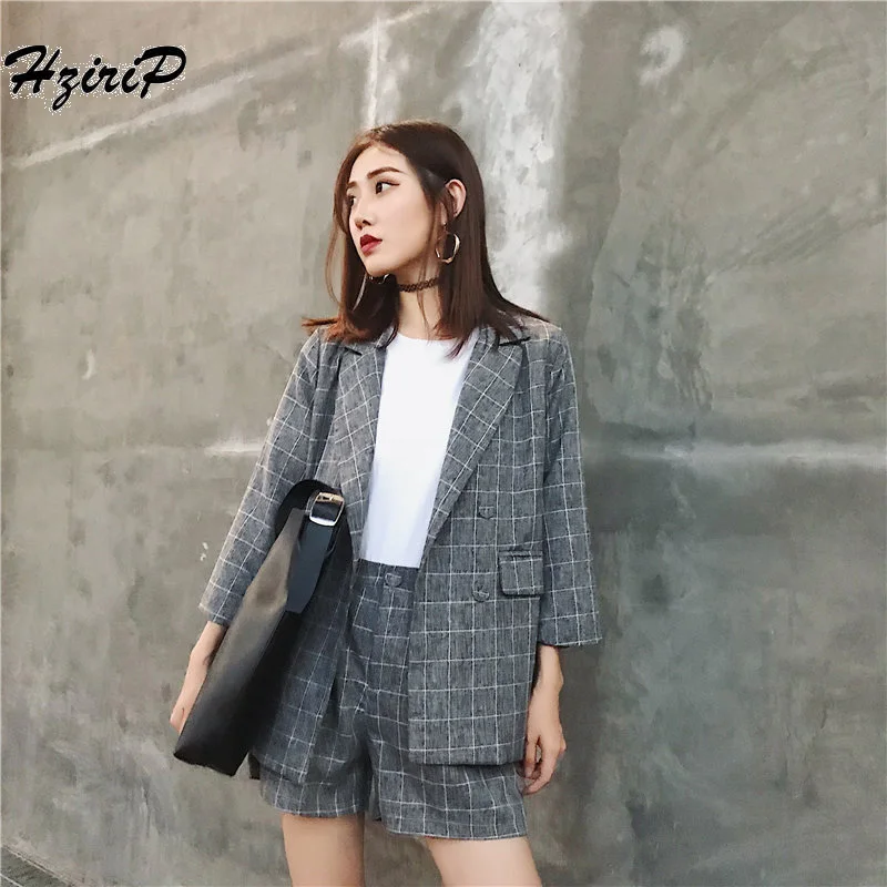 Hzirip Women Autumn Office Suit Sets Vintage Plaid Suit Short Pants Blazer Double Breasted Jacket&Trouser Work Lady 2 Pieces set Hzirip Women Autumn Office Suit Sets Vintage Plaid Suit Short Pants Blazer Double Breasted Jacket&Trouser Work Lady 2 Pieces set