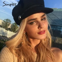 Simplee Mode topi topi wanita Kasual streetwear hitam tali padat musim gugur musim dingin baret hangat topi datar topi Elegan perempuan 2017