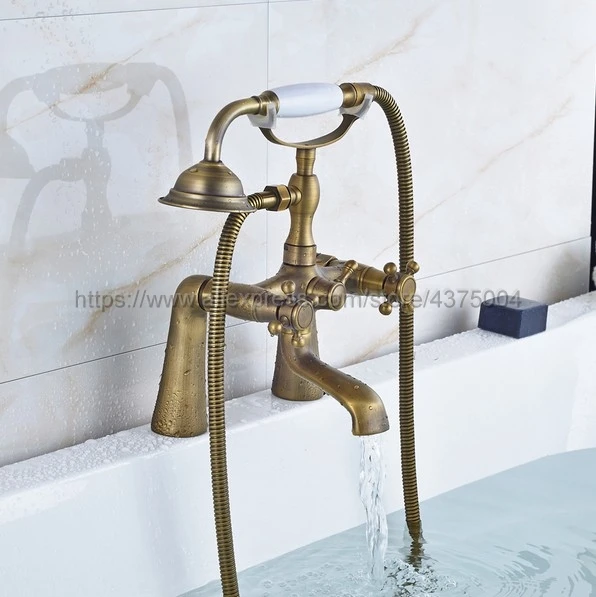 Antique Brass Deck Mounted Telephone Euro Bath Tub Faucet Mixer Tap w/ Handheld Spray Shower Nan023