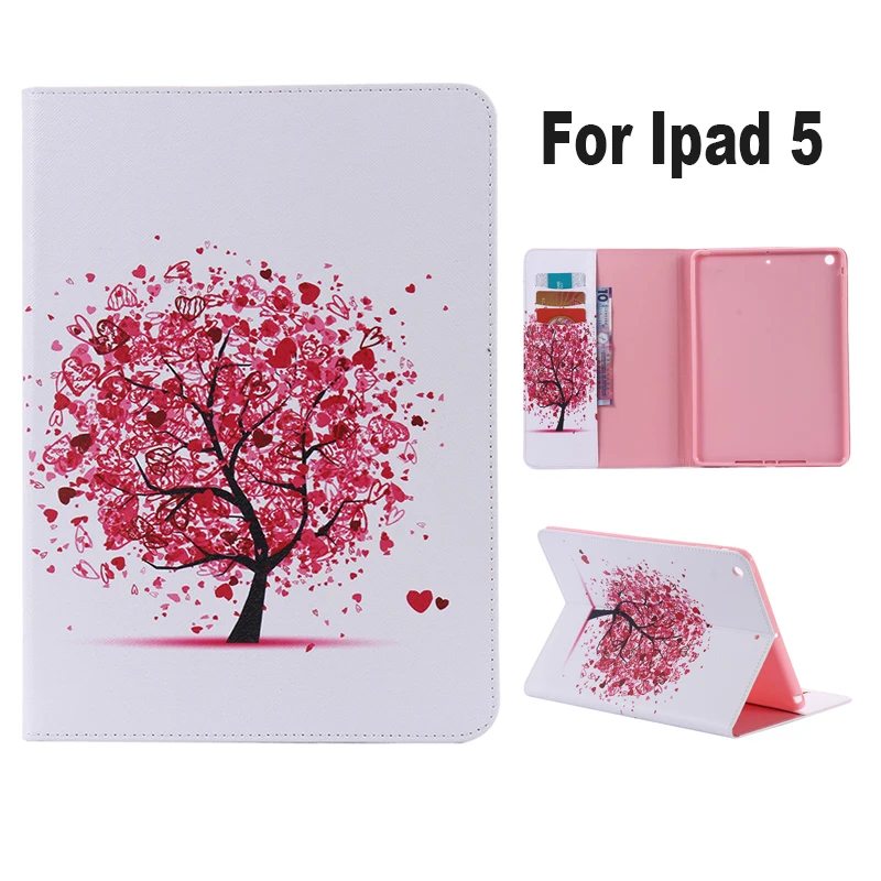 

Romantic Rose Pink heart Tree for Girls Pattern Fashion PU Leather Cute Covers tablet For IPad air Tablet Cases for ipad 5 Gen