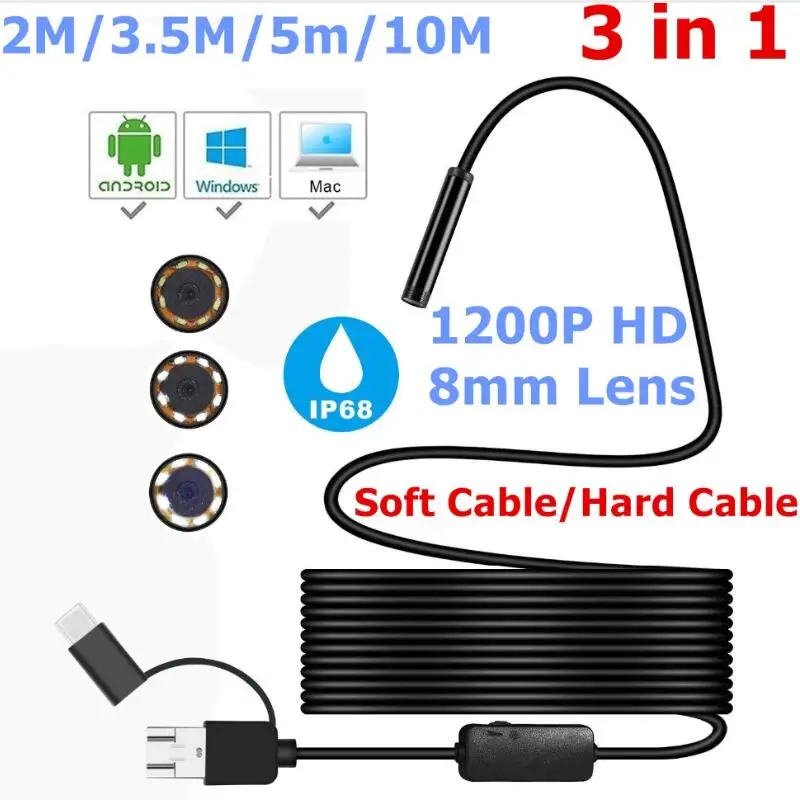 

3-in-1 1200P Endoscope Camera Micro USB Type-c USB Inspection Camera HD IP68 8MM Waterproof Tube Snake Borescope Camera