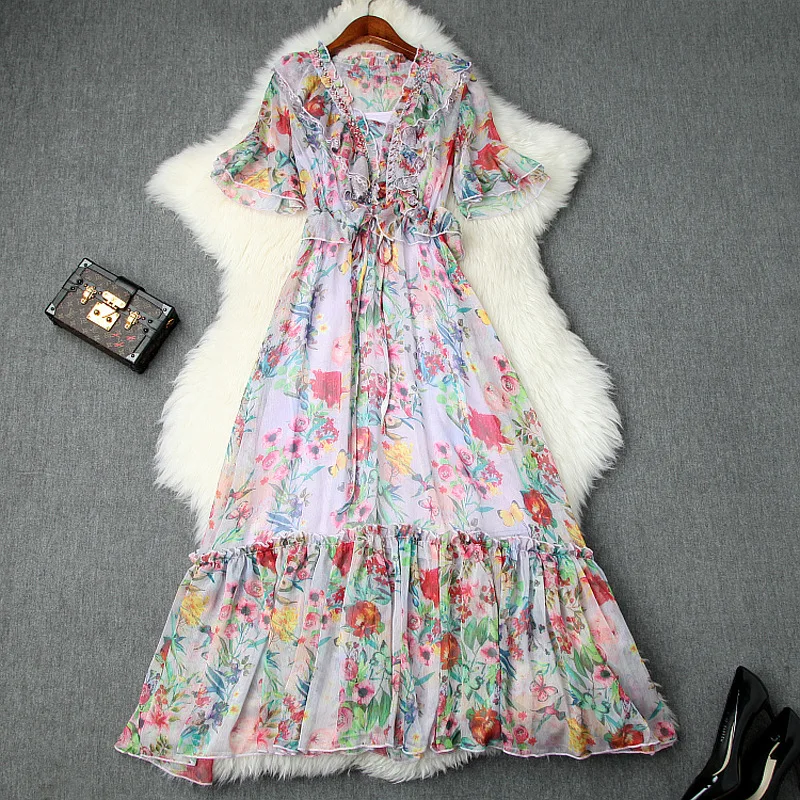 

Midi Dress Women Summer 2019 New Beading V-Neck Short Sleeved Ruffles Slim A-Line Casual Printed Dress Female S-XL