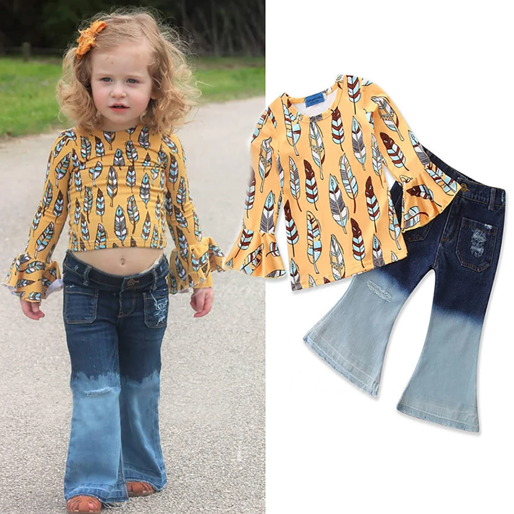  2pcs Baby Girls Kids Clothes Fashion Leaves Printed Long Sleeve Shirt Gradient color Jeans Summer S