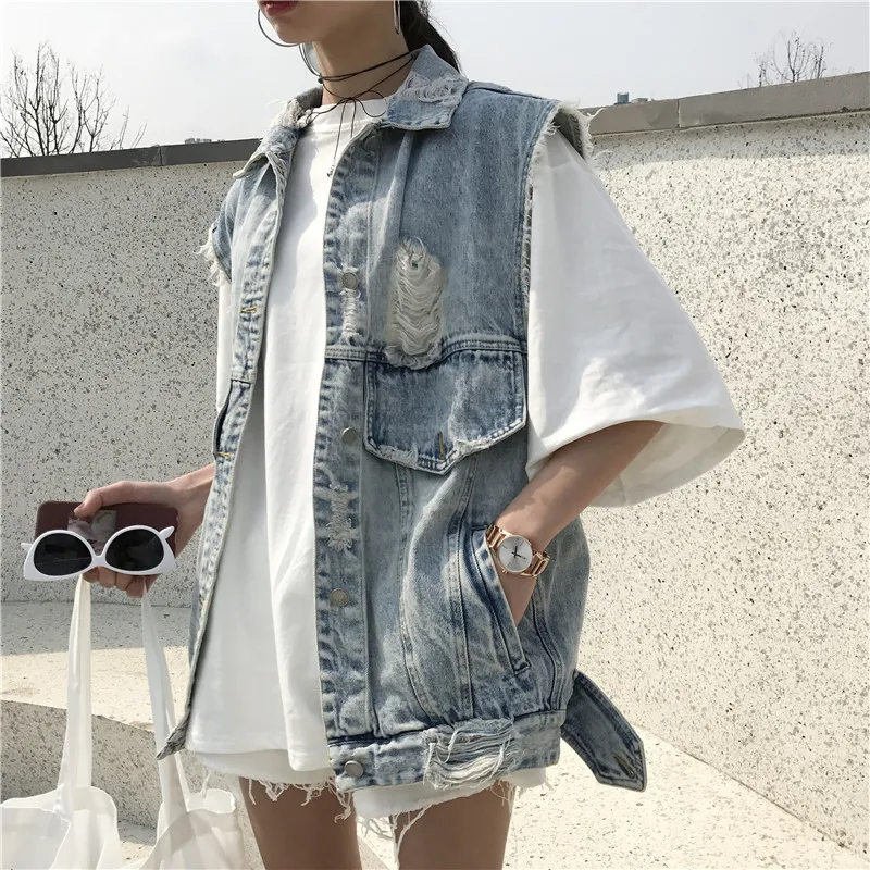 Exotao Tanpa Lengan Jaket Denim Feminino Ukuran Besar Celana Jeans Robek  Rompi Turn Down Kerah Gilet Wanita Fashion Lubang Wanita Rompi|Rompi Rompi|  - AliExpress