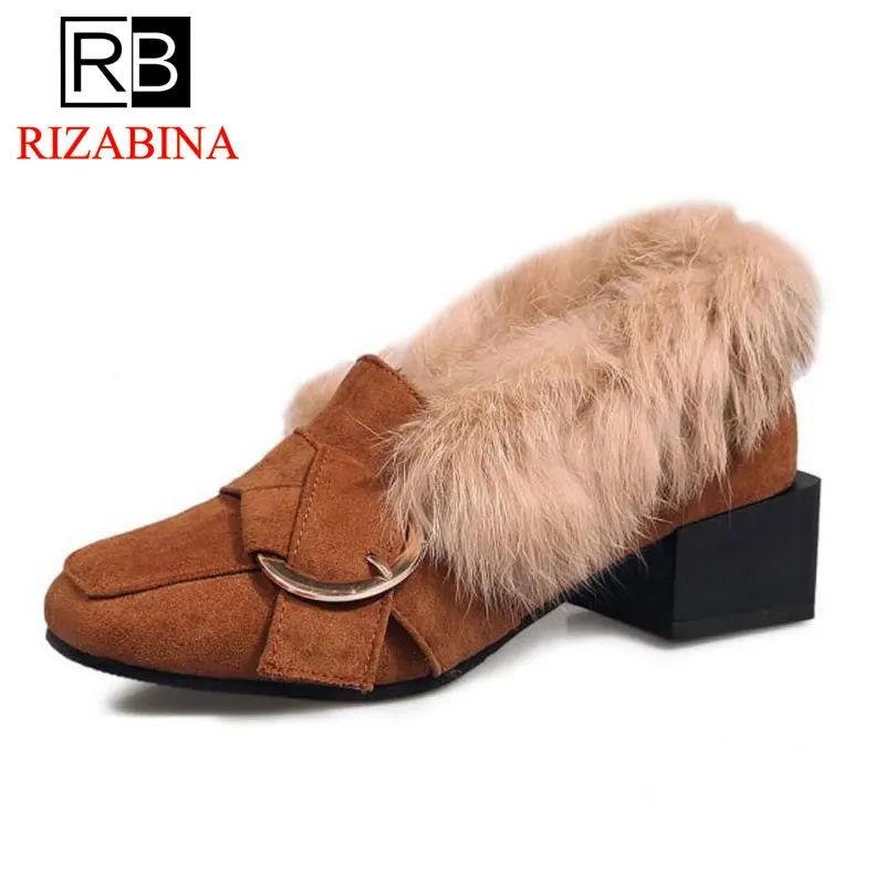 

RIZABINA Size 33-43 Women High Heels Shoes Metal Buckle Fur Thick Heels Woman Pumps Fashion Sexy Ladies Party Club Footwear