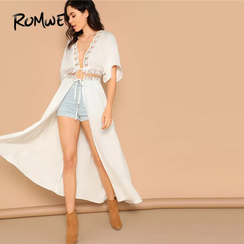 

Romwe Sport White Drop Shoulder Half Sleeve Lace Insert Beach Long Cover-Ups Women Sexy Sheer Lace Tied Waist Cover-Ups Dress