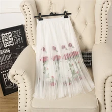 Женская белая роза вышивка сетка плиссированные юбки для женщин милый с высокой талией трапециевидная юбка Новинка 35