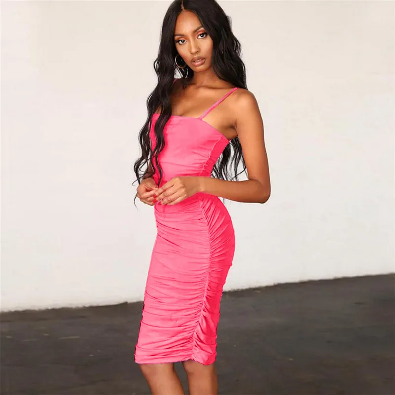 Strap sleeveless women ladies dress neon color sexy hot ruching dress (3)