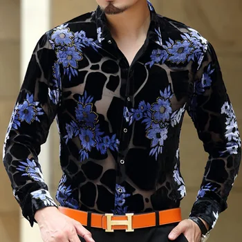 

Luxury Silk Velvet Transparent Floral Shirt long Sleeve See Through Shirt Camisa Masculina Sexy Lace Shirt Chemise Homme 4xl