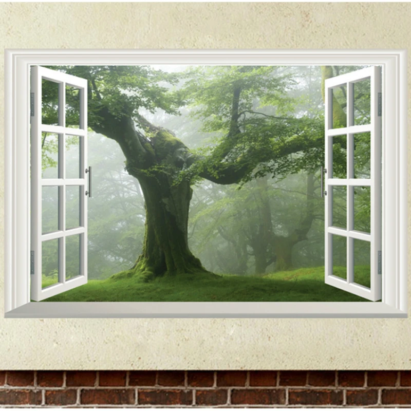 

Green Tree Wall Stickers Windows View Wallpaper Wall Decals Living Room Bedroom TV Sofa Background Decor Wall Decoration Mural