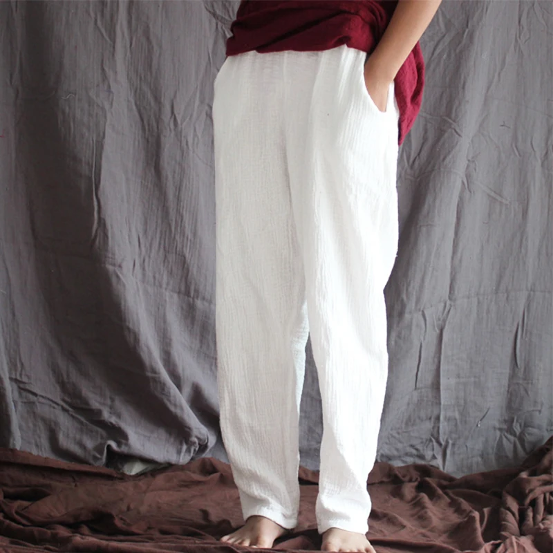 ZANZEA/летние женские штаны с эластичным поясом и карманами, однотонные повседневные длинные штаны-шаровары, Свободные мешковатые брюки из хлопка и льна размера плюс