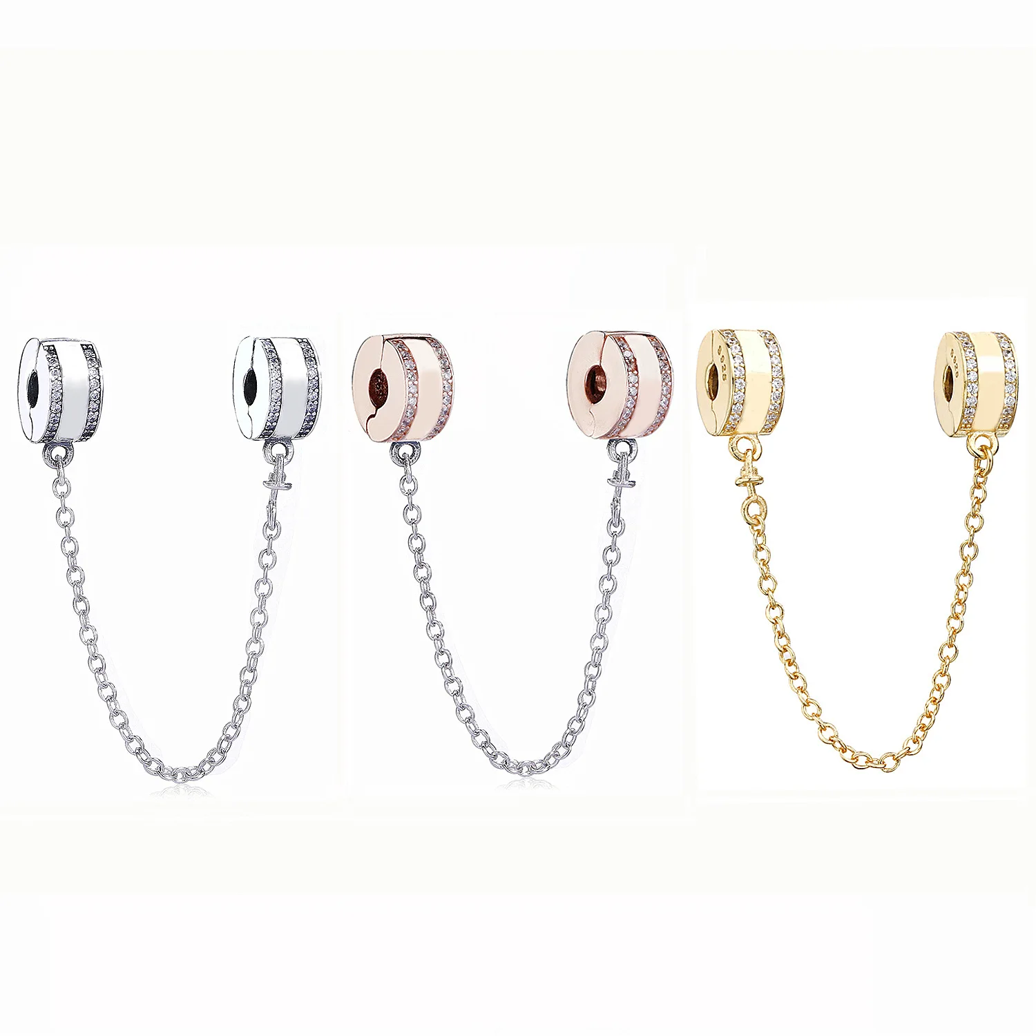 

925 Sterling Silver 3 Color Bead Charm Insignia With Crystal Safety Chain Clip Beads Fit Pandora Bracelet & Bangle Diy Jewelry