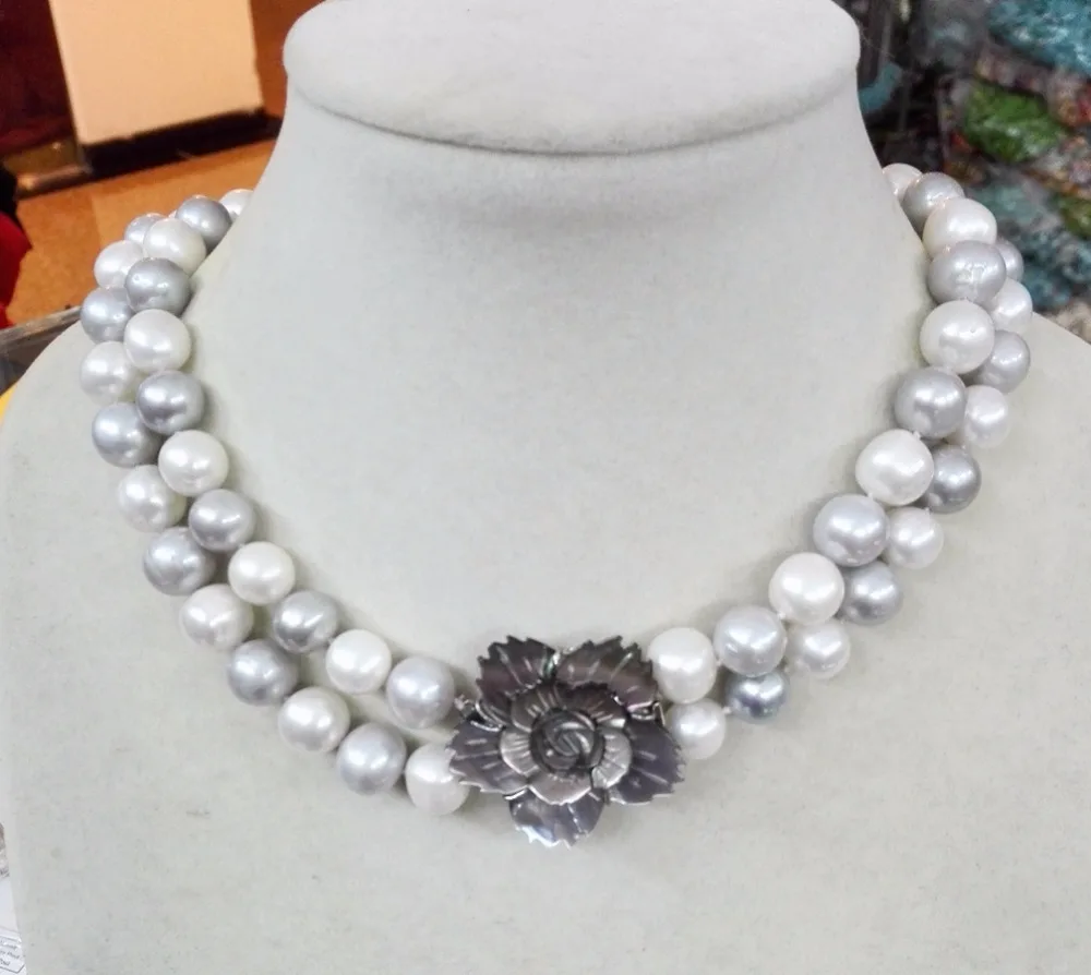 Women Jewelry 2 rows Necklace 11MM Bright White Gray Mixed Pearl necklace dangle earring Natural Freshwater pearl Flower Clasp | Украшения