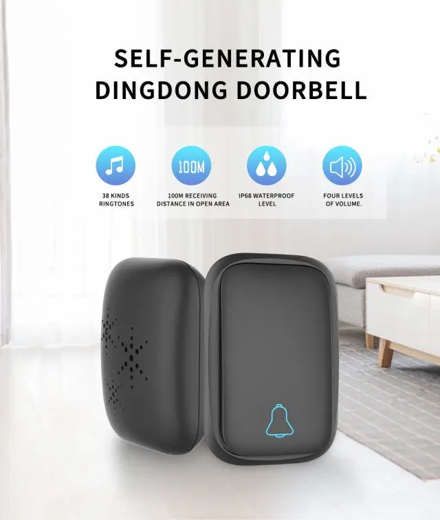 Saful Self-powered Doorbell Waterproof Ring No Battery Need Full Waterproof with 38 Musics EU/AU/UK/US House Bells