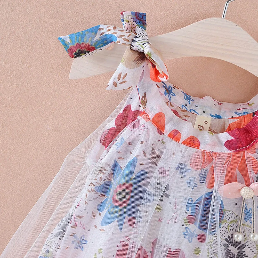Платье принцессы с цветочным принтом на бретелях для новорожденных девочек, платье из пряжи и тюля, праздничная одежда, детское платье для малышей