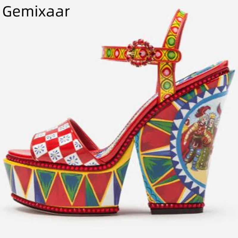 

Novelty Print Sandals Shoes Women 4.5cm Platform Chunky Square High Heels Footwear Peep Toe Narrow Buckle Decor Diamond Sandals