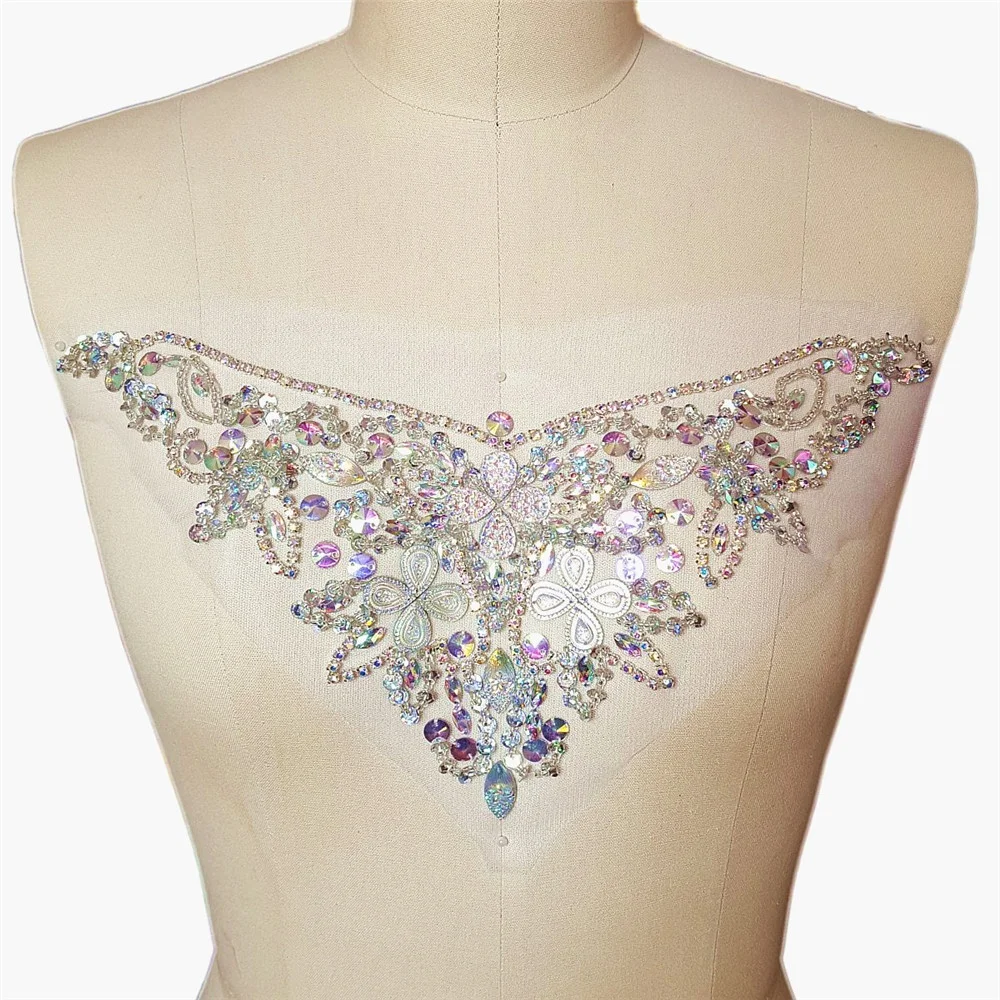 

Handmade Crystal Patches Sew on AB Color Rhinestones Applique for Wedding Dress Trim Decor Accessory 14x33cm Waist Decoration