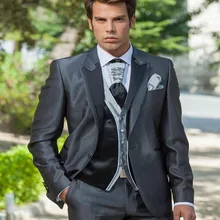 Итальянский стиль темно-серые атласные смокинги жениха на заказ костюм жениха друзей жениха Мужские свадебные костюмы(куртка+ брюки+ жилет