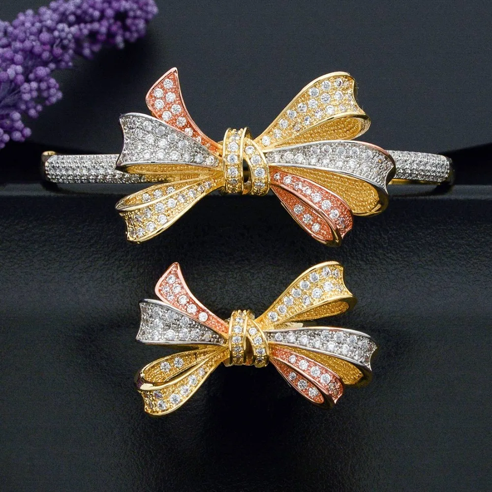 

ModemAngel Famous Butterfly knot Cubic Zirconia African Dubai Rose Gold Open Bracelet Bangle And Ring Set Fashion Jewelry