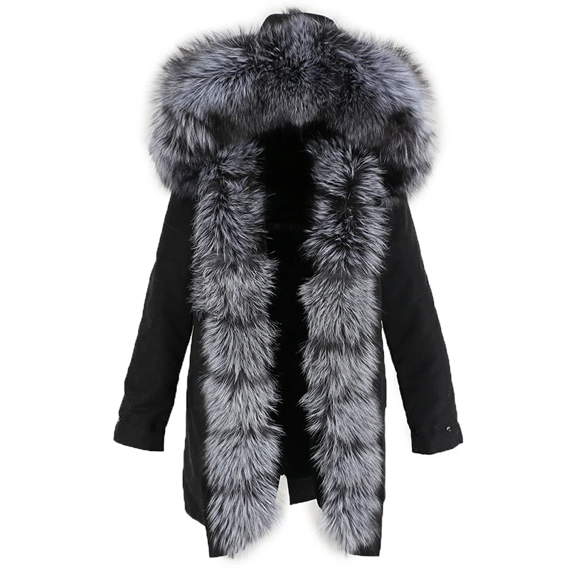 Зимняя куртка для женщин натуральный мех пальто натуральным лисьим мехом меховой капюшон, воротник водостойкая длинная парка Теплая Верхняя одежда уличн - Цвет: black black silver