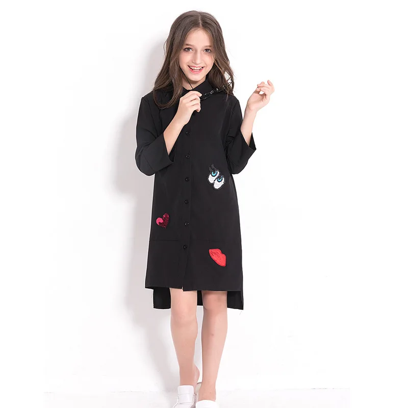 Детское платье черная шифоновая блузка для девочек-подростков, одежда для девочек 5, 7, 9, 10, 12, 14 лет, платье с длинными рукавами и блестками для маленьких девочек