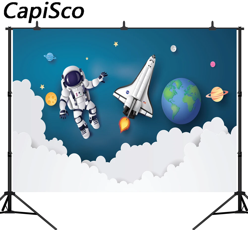 

Capisco photography backdrops space travelling rocket astronaut planet stars dream baby shower photocall celebration background