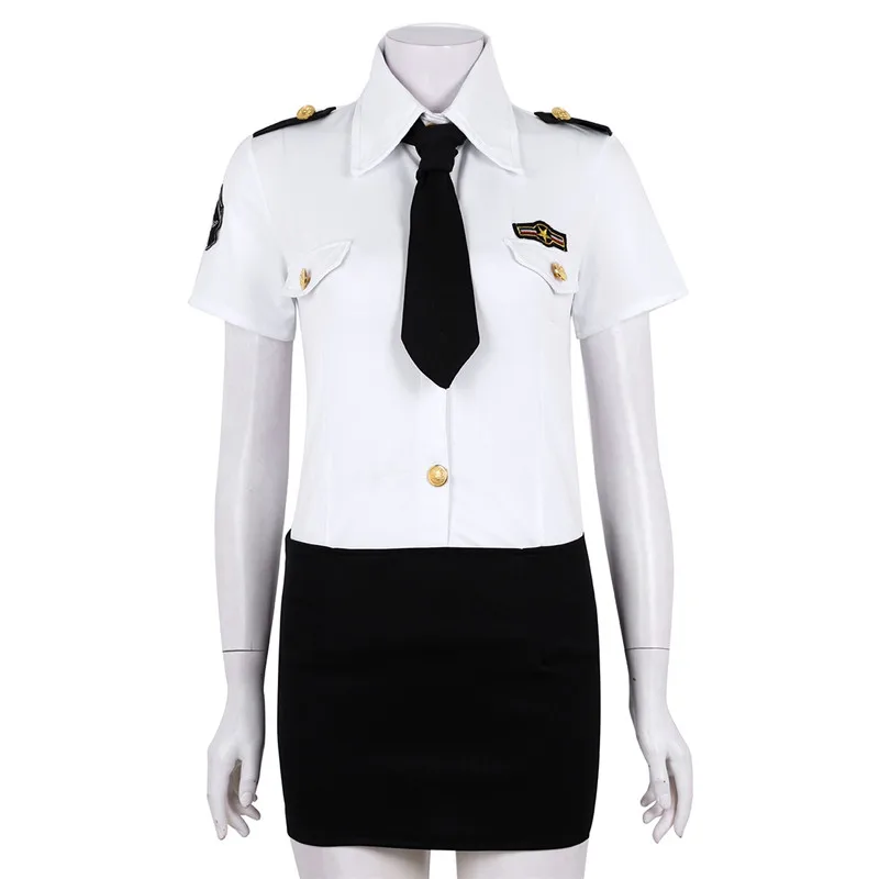 4Pcs Women Adults Police Officer Policewoman Uniform Cosplay Costume Turn-down Collar Shirt with Mini Bodycon Skirt+ Hat Tie