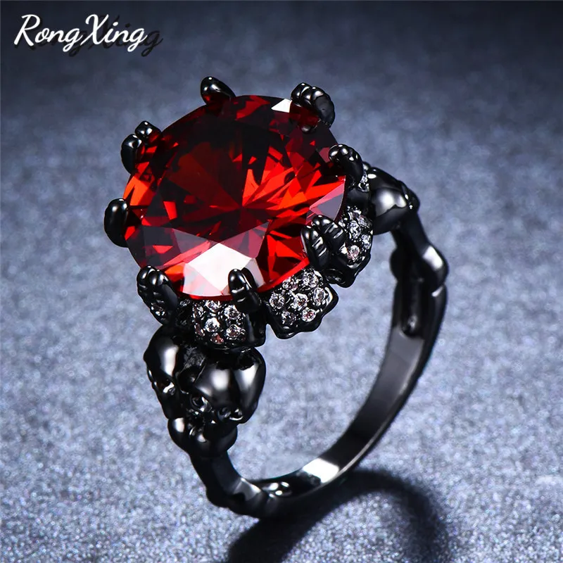 RongXing Стильное кольцо с большим камнем черепом черным и золотым покрытием круглым