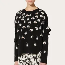 Черный укороченный женский свитер, осенний зимний Свободный пуловер с цветочной вышивкой, Свитера для подиума, вязанные топы, уличная одежда