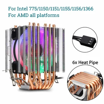 Disipador térmico de ventilador de CPU de 3/4Pin, 2/4/6 tubos de calor de cobre RGB, Enfriador de ventilador para Intel 775/1150/1151/1155/1156/1366 y todas las plataformas AMD 2