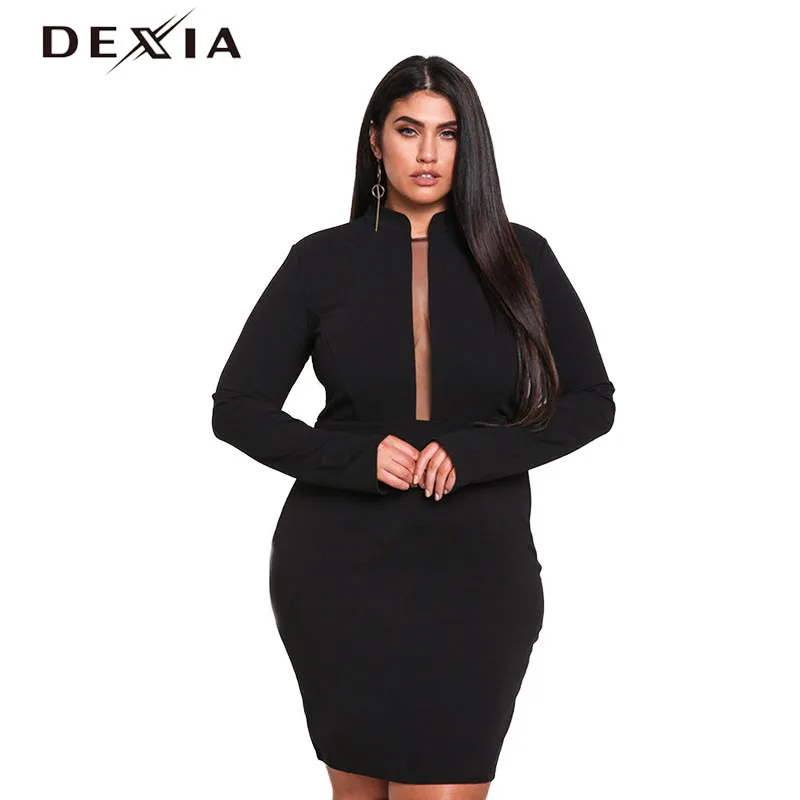 

DEXIA Women Black Dress Large Size Summer Fashion Girls O Neck Full Sleeve Solid Dress Hollow Out Sexy Evening Party Vestidos