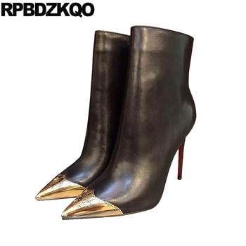 

Women Brogue Black Winter Pointed Toe Designer High Heel Big Size Stiletto Metal Fur Shoes Side Zip Boots Fetish Booties Extreme