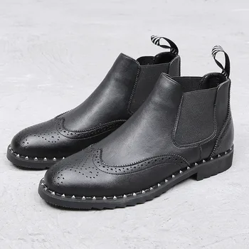 

British fashion men's breathable cow leather boots rivets ankle chelsea boot black rivets shoes carved brogue shoe bullock male
