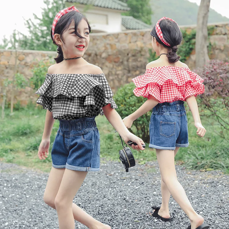

Off shoulder plaid Tops Summer Outfits for Girls Denim Shorts 2 pieces 2019 Fashion Clothes Sets for 4 5 6 8 10 12 14 year