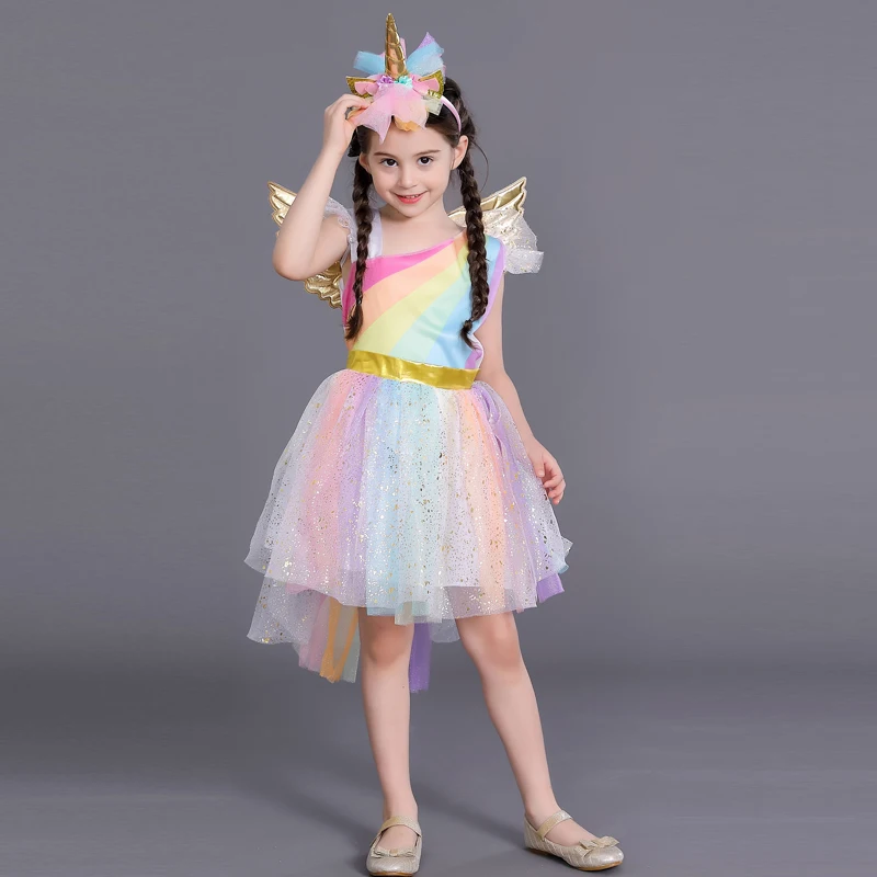 Летнее платье-пачка принцессы с цветочным рисунком для девочек с единорогом, крыльями и радугой; Детский карнавальный костюм на Хэллоуин с единорогом и лошадью; праздничные платья