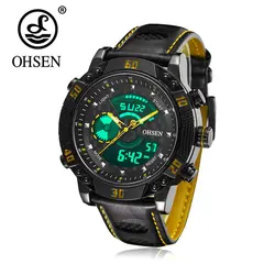 Лучшие продажи OHSEN Элитный бренд мужчин кварц цифровые часы Для мужчин модные Повседневное спортивные часы желтая кожа Военное Дело