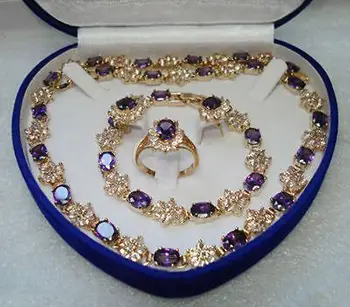 

Wonderful Amethyst Earring Bracelet Necklace Ring SetA18K GP Plated gold Bridal wide watch wings (A0323)
