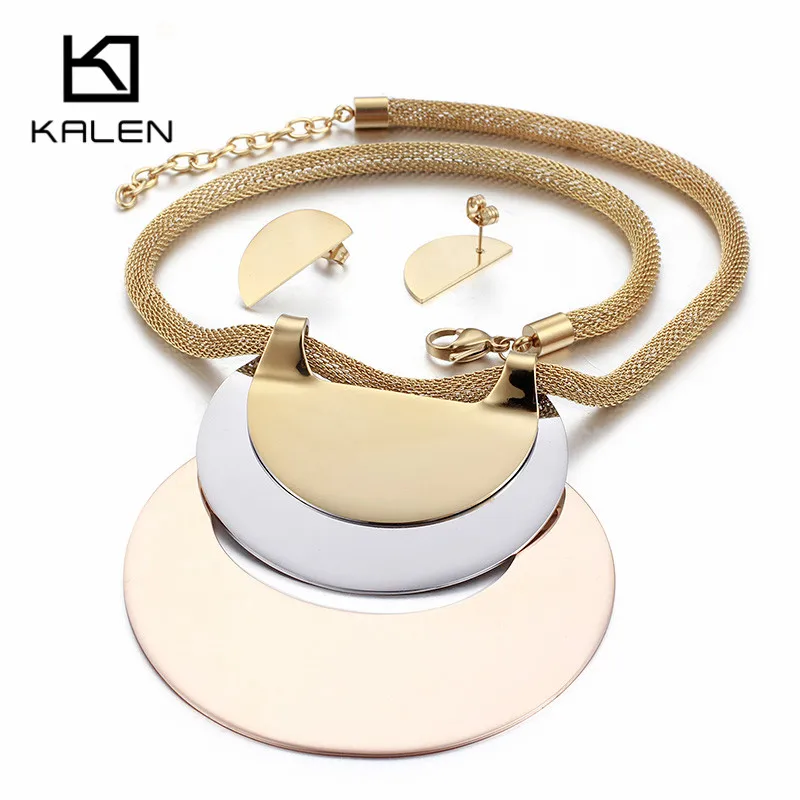 

Kalen Hyperbole Jewelry Sets For Women African Gold Stainless Steel Big Pendant Statement Necklace & Earrings Set For Patry 2017
