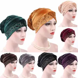 Осень-зима шапки для женщин дамы мусульманский тюрбан голова обертывание шапки женские бархатные головы обертывание шляпа для девочек