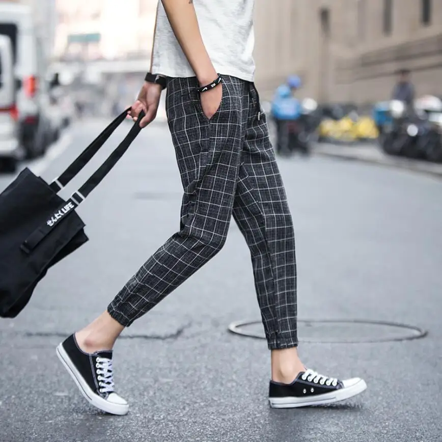 

M-5XL 2019 Summer Loose Pants tide men's casual plaid pants Slim 9 points pants Korean version of the Plaid Beam pants costumes