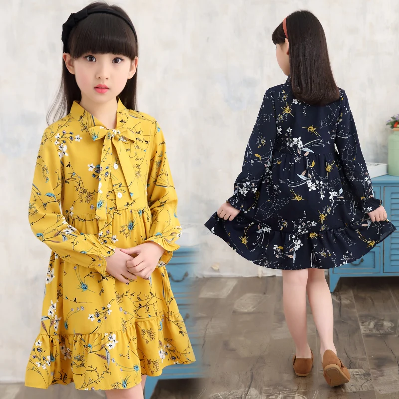 Girl Summer Dress Long Sleeve Children Clothes Floral Dresses  3 5 8 10 12 Years Girl Vestidos Enfant Yellow White Korean Dress skirt for baby girl