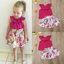 Новое модное Хлопковое платье для маленьких девочек Милая юбка принцессы без рукавов с цветочным рисунком+ топы с оборками высококачественные платья Летняя одежда