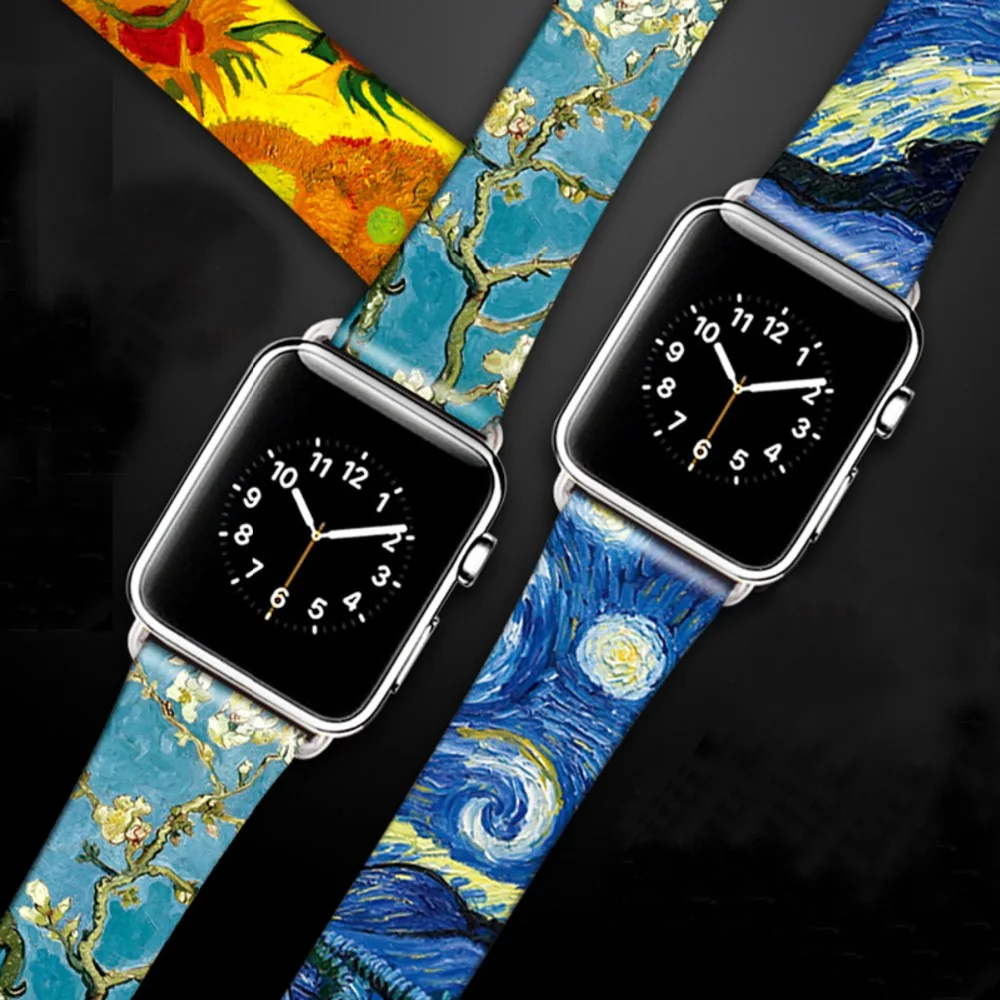 Художественный напечатанный кожаный ремешок Van Gogh для Iwatch, ремешок серии 5, 4, 3, 2, 1, цветочный ремешок для Apple Watch, ремешок 40 мм, 38 мм, 44 мм, 42 мм