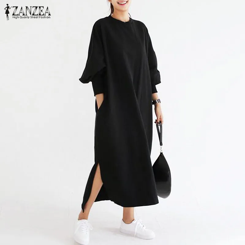 Ceny Plus rozmiar kobiety sukienka w paski 2019 ZANZEA Vintage z długim rękawem Maxi długa sukienka Womans Split Sundress Casual Femme Baggy Robe