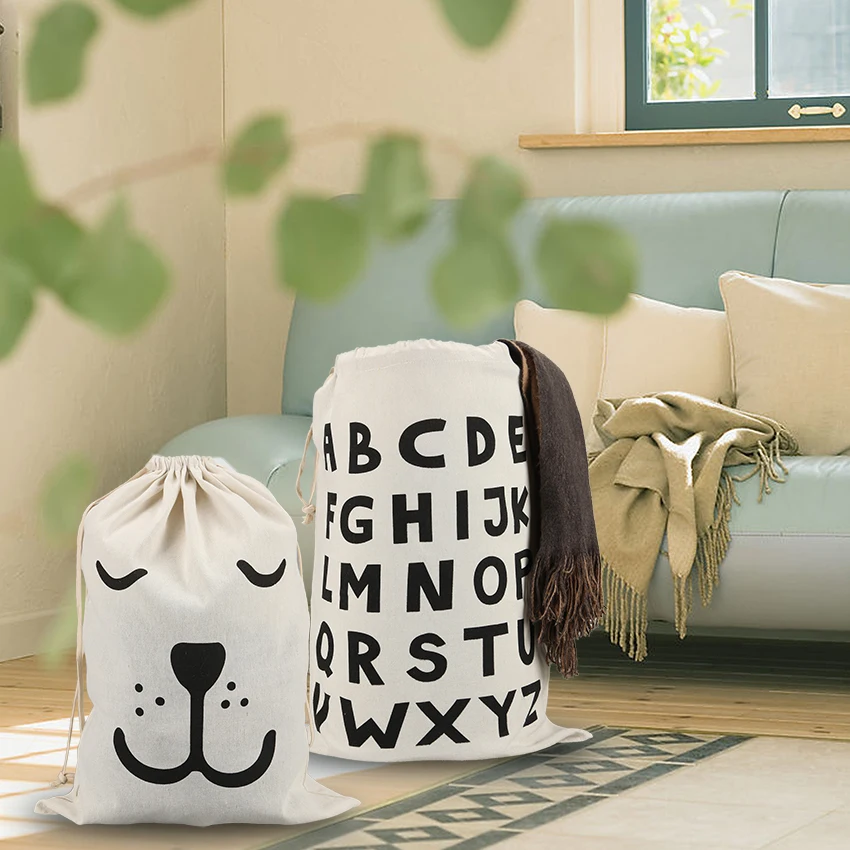 

INS Large Canvas Washing Machine Bear Letter Hanging Drawstring Toys Storage Bag Travel Portable Drawstring Bag