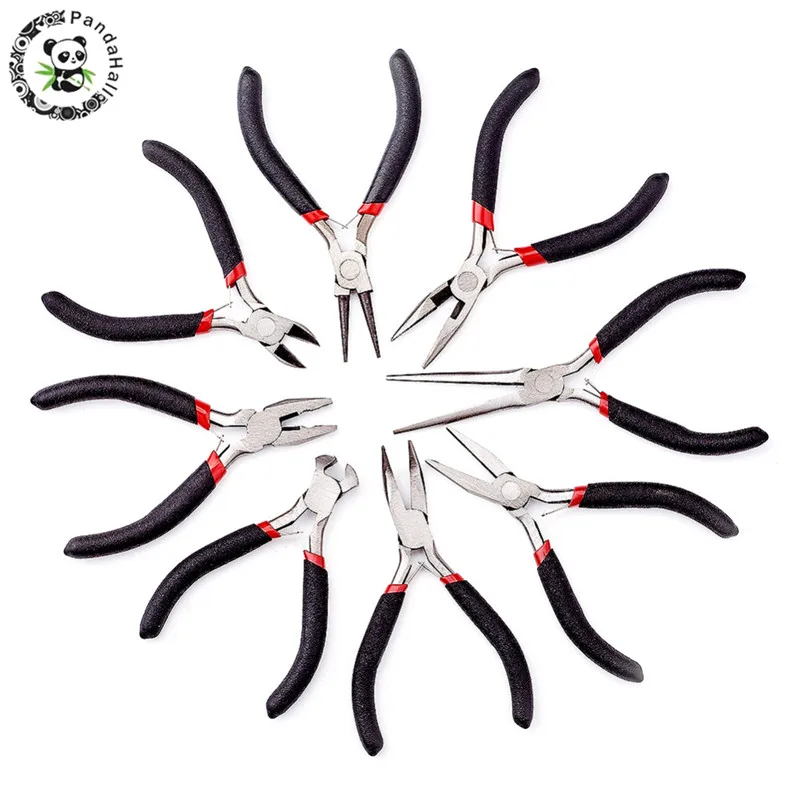 

PANDAHALL 8pcs Plier Sets Black Carbon-Hardened Steel Jewelry Tools Sets Flat Nose Round Nose Pliers Wire Cutter Jewellery DIY