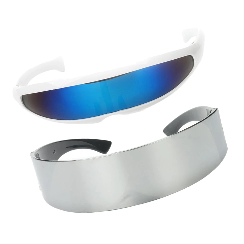 2 Pieces Fashion Narrow Blue Metallic Silver Outer Space Robot Alien Eyeglasses Shade Eyewear Future Soldier Sunglasses