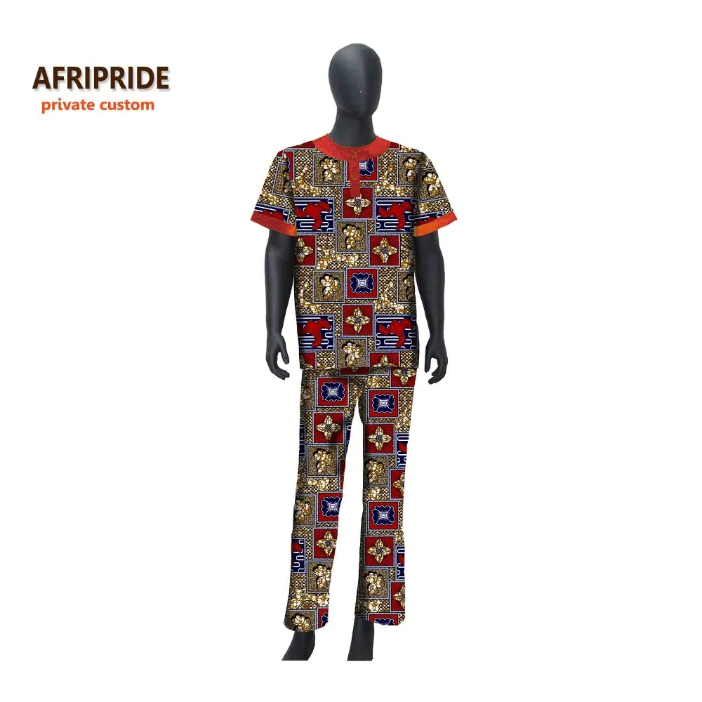 Африканский Мужской комплект штанов, традиционный стиль, костюм Анкара с принтом, восковой хлопок, топ с короткими рукавами+ брюки длиной до щиколотки A621601