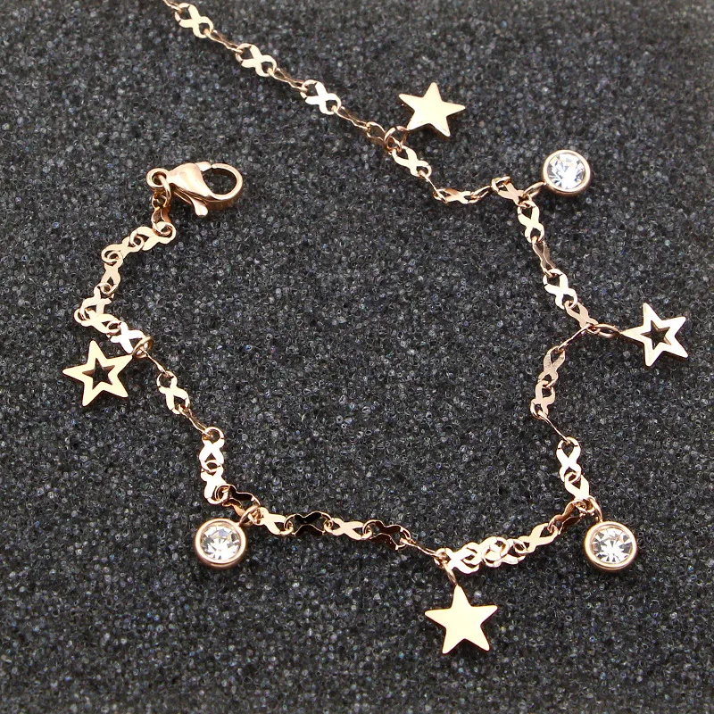 Hot Cute 8 Shape Chain Four Stars Three Crystal Woman Anklets High Quality Titanium Steel Rose Gold Color Woman Like Anklet Gift Hot Cute 8 Shape Chain Four Stars Three Crystal Woman Anklets High Quality Titanium Steel Rose Gold Color Woman Like Anklet Gift